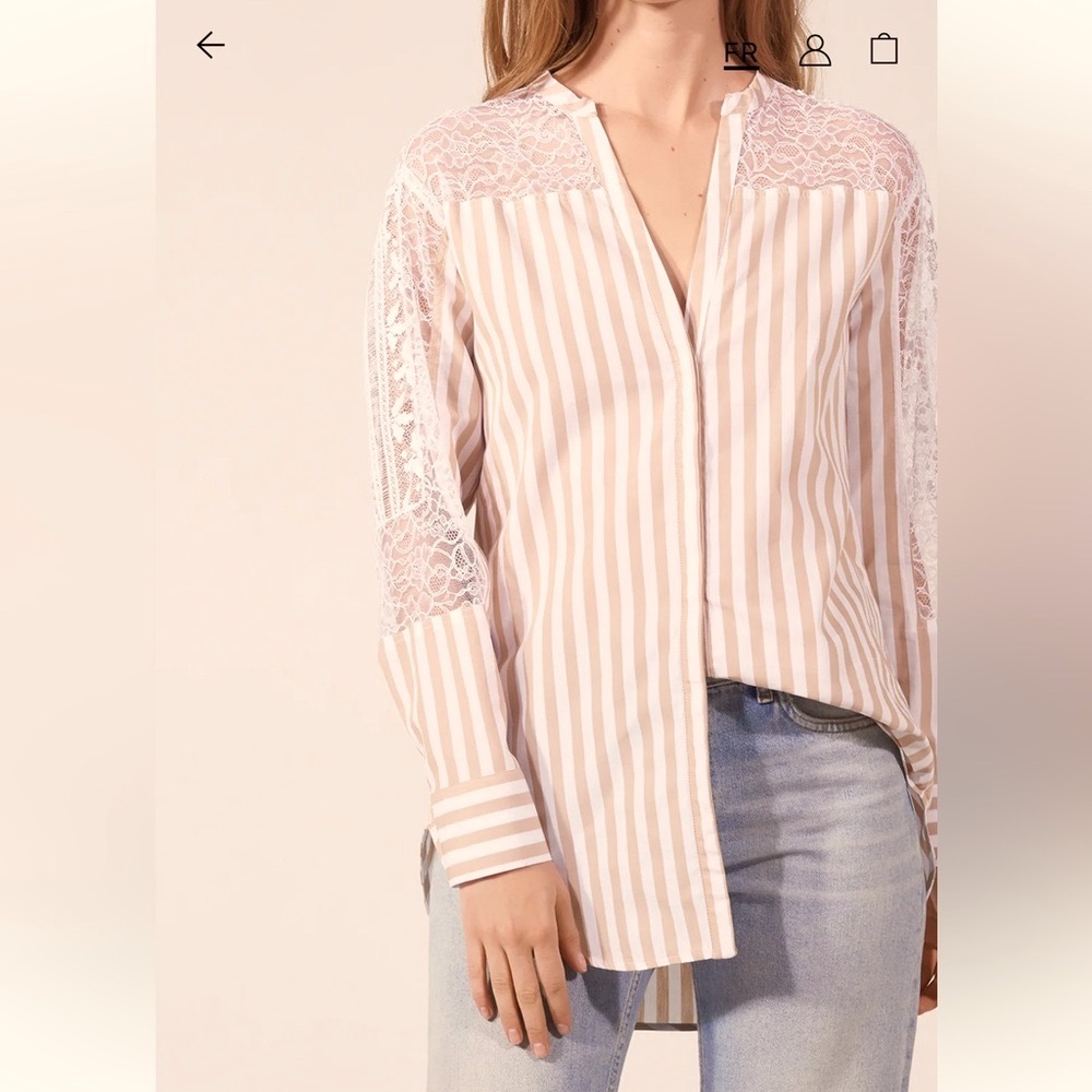 SANDRO I 1 (XS/S) Lace and Cotton Button Down Shirt I tan and white stripes